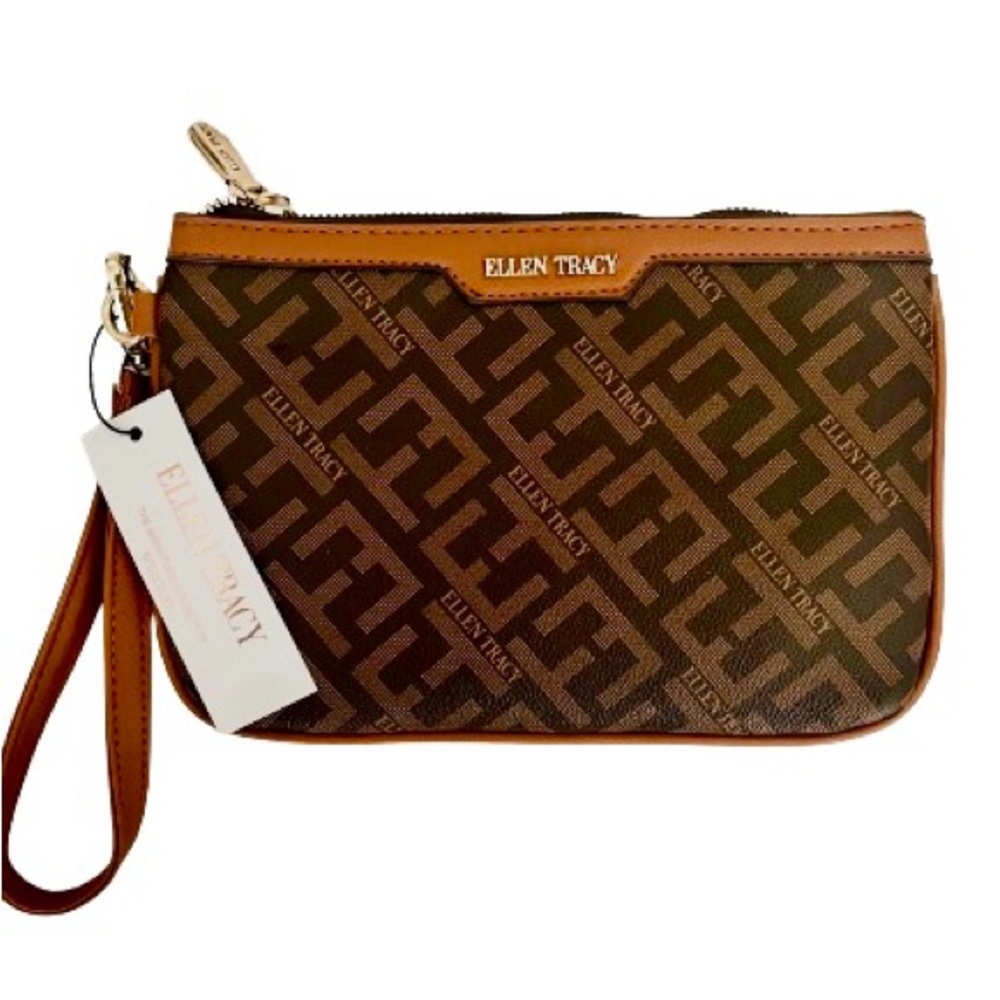 NWT Ellen Tracy Cognac Logo Wristlet